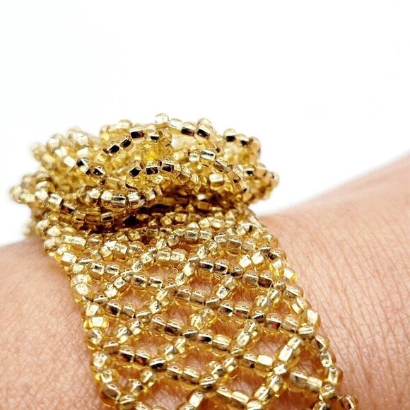 Artisan Hand Beaded Netted Bracelet With Flower Focal Silver Lined Gold Beads - Picture 6 of 6